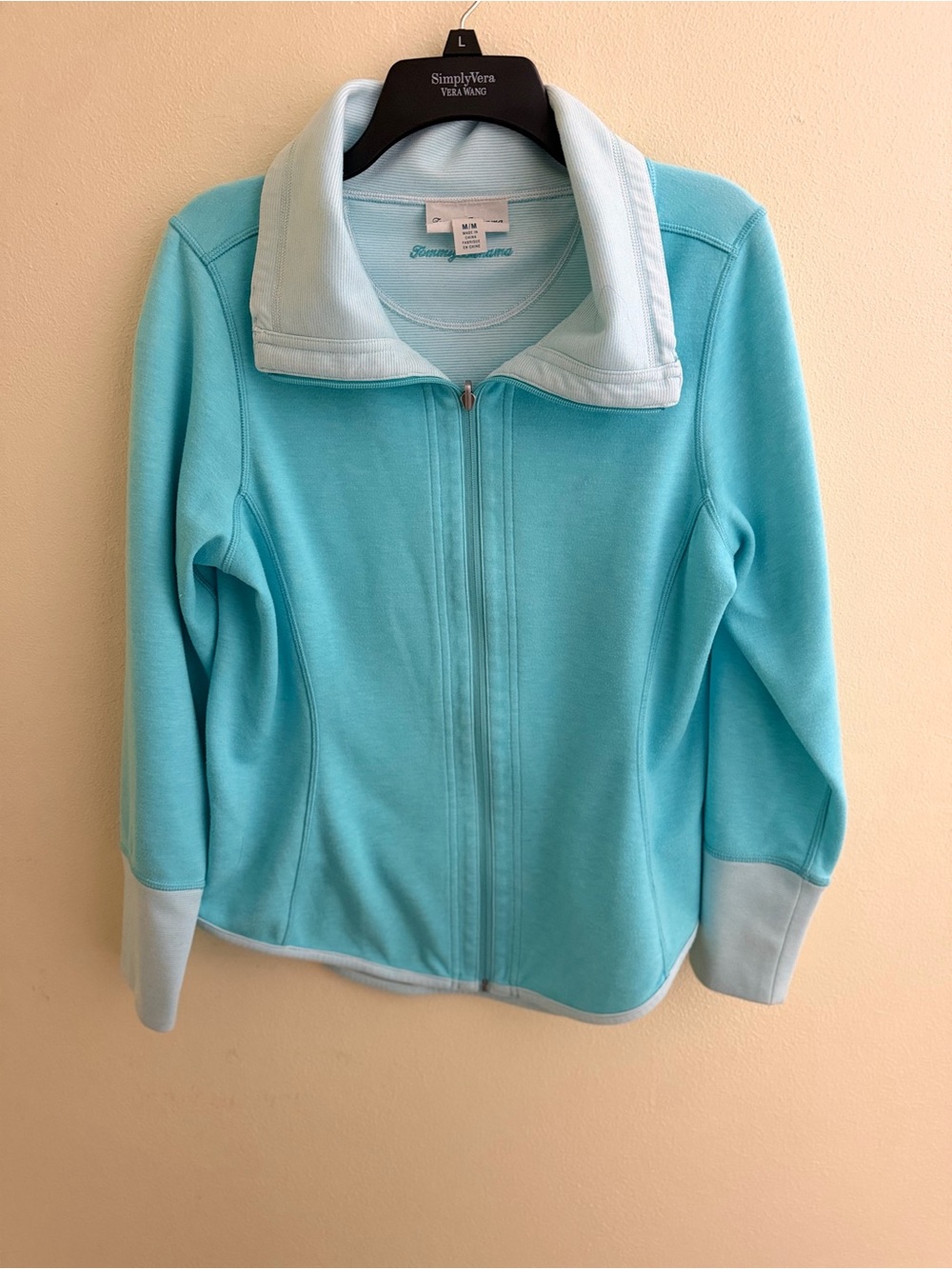 Tommy Bahama Womenโs Blue Full Zip Collared Knit Sweatshirt Solid Long